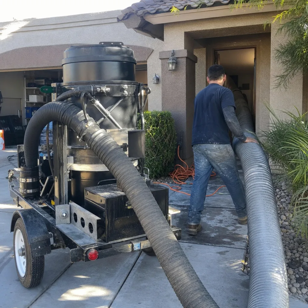 Technician using industrial vacuum equipment for residential air duct cleaning services