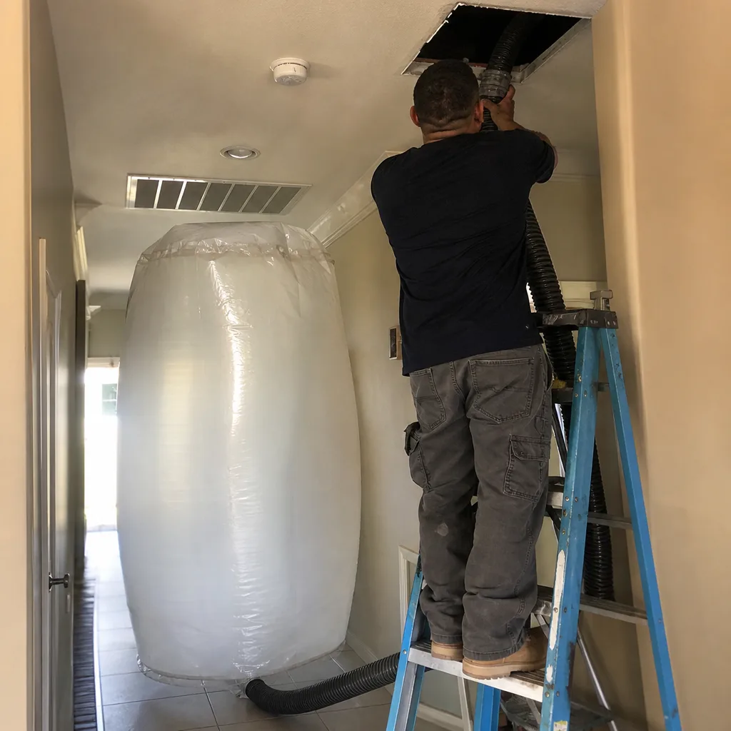 Technician using professional air duct cleaning equipment to clean a ceiling vent.
