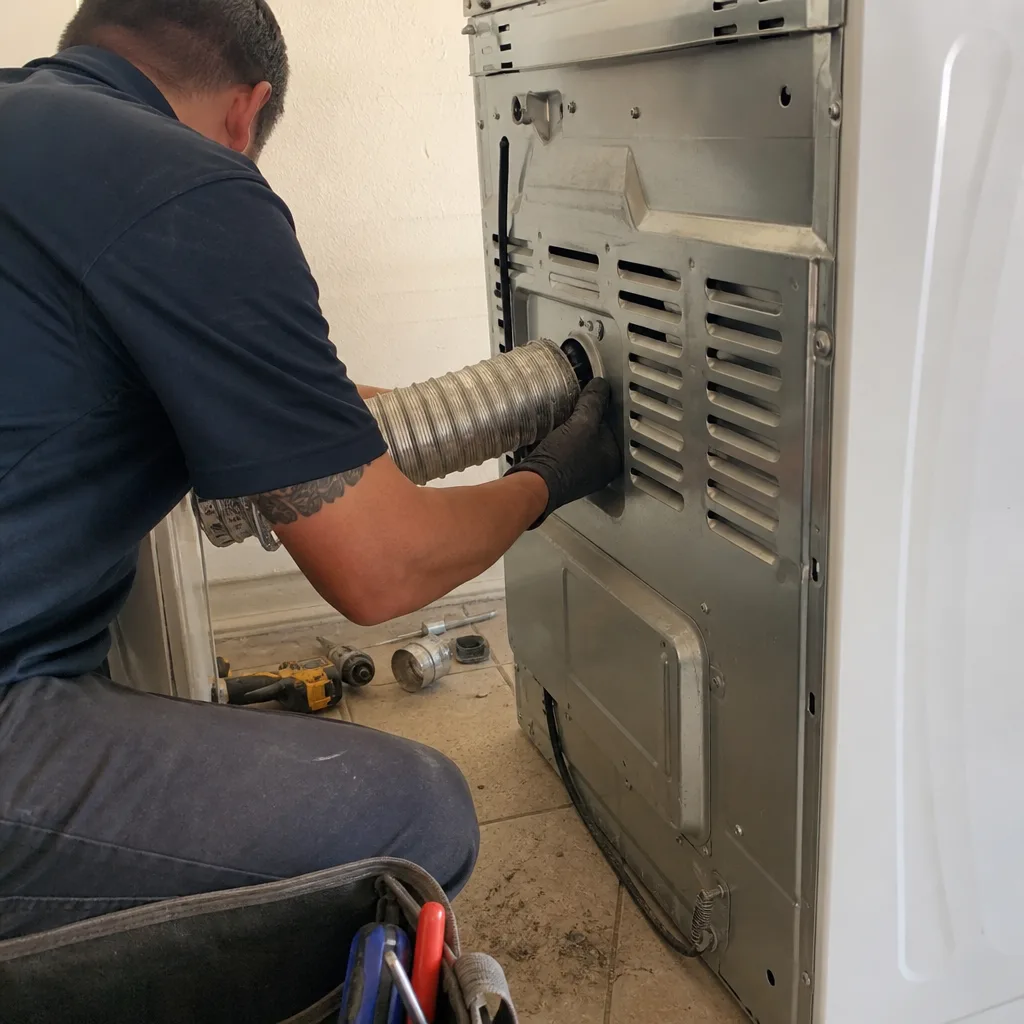 Technician connecting dryer vent hose for professional laundry duct cleaning service.