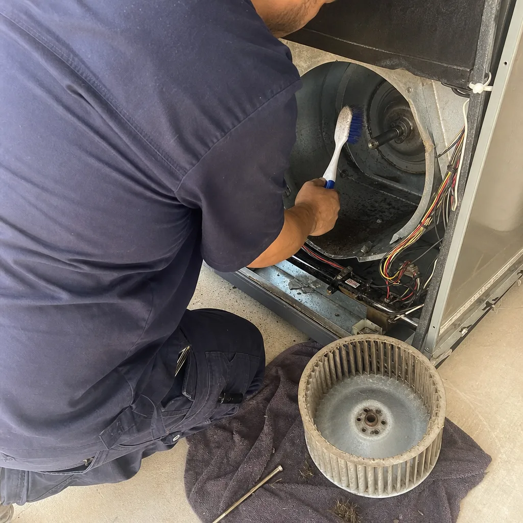 Technician performing professional HVAC blower wheel and duct cleaning services