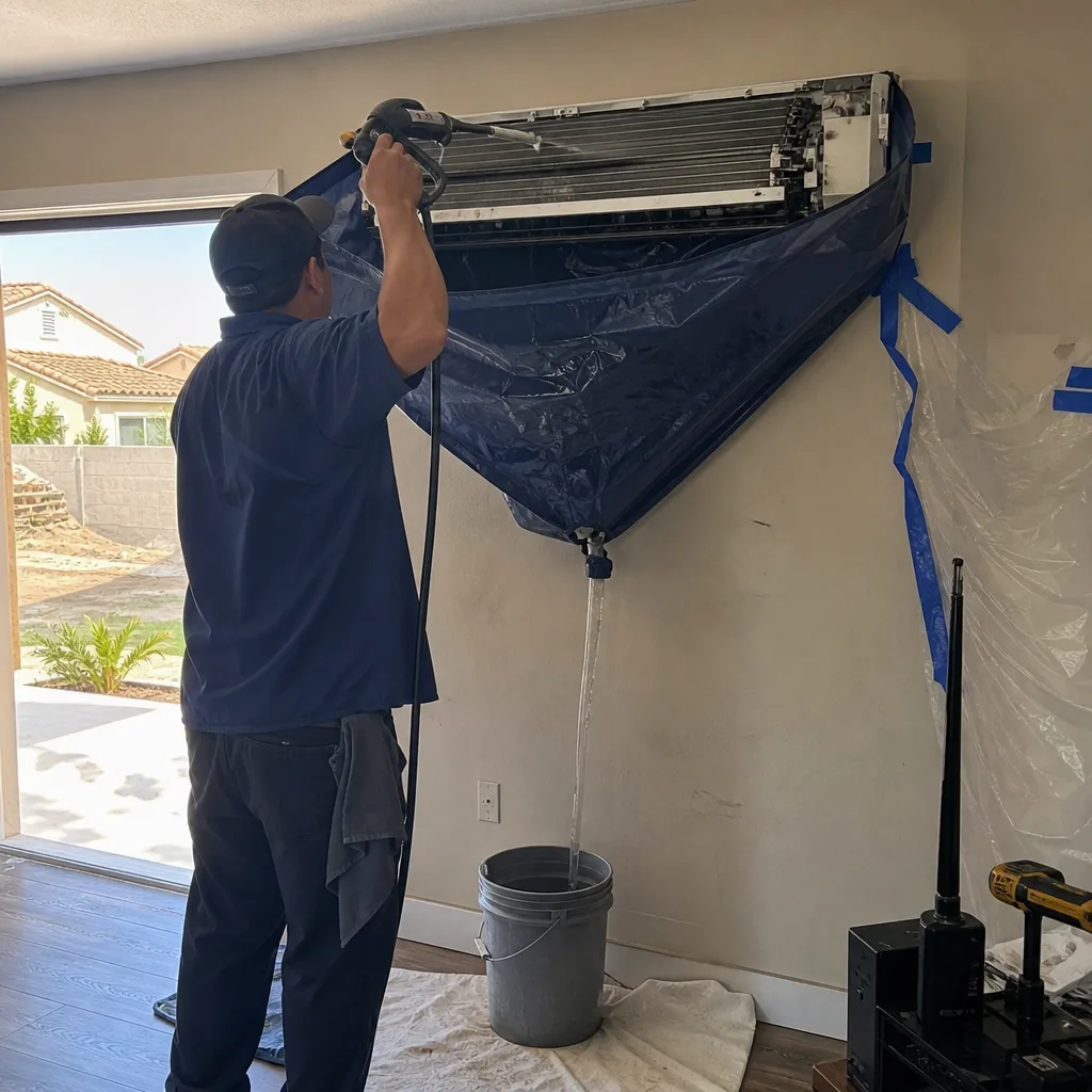 Technician performing professional maintenance cleaning on a wall-mounted mini-split HVAC system
